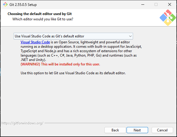 Git installer, choosing VS Code as the editor