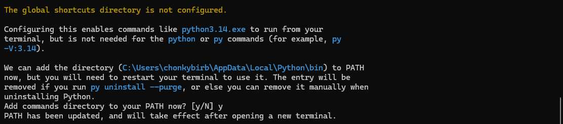 Answering y to the PATH question