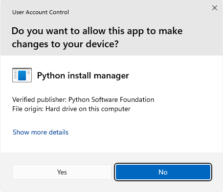 Administrator prompt for Python install manager