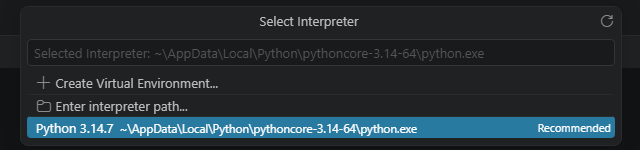 Select Interpreter showing Python 3.14.7