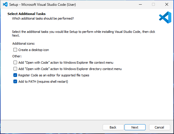 VS Code installer, Select Additional Tasks