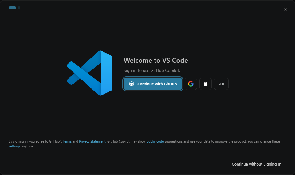 VS Code welcome dialog